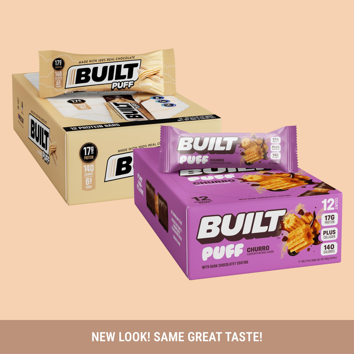 Built Bar, Puff Protein Bars, Churro Puff, 17g Protein Snacks, On-The-Go Bars, Only 140 Calories & 6g Sugar, Collagen, Gluten Free, 12 Count
