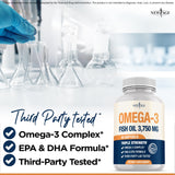 Triple Strength Omega 3 Fish Oil 3750 mg - EPA & DHA - Over 3000mg Omega-3 Fatty Acids - 1350mg EPA + 900mg DHA - Best Essential Fatty Acids, Burpless Fish Oil - 180 Count