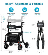 Farani All Terrain Rollator Walkers for Seniors, Lightweight Foldable Rolling Walker with Seat, Sturdy Integrated Molding Frame, Height-Adjustable Handles & Backbrest, 8" Rubber Wheels,Black