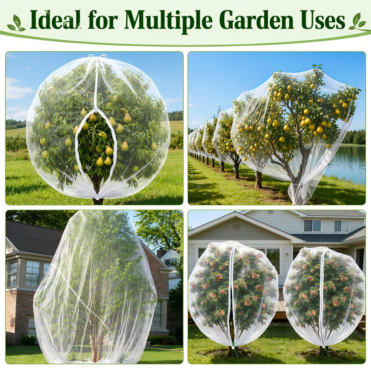 3 Pack 8 x 8 ft Large Fruit Tree Netting Covers with Zipper & Drawstring, Extra Fine Mesh Garden Netting for Blueberry Peach Apple Trees, Protects Fruit from Birds, Squirrels, Deer, Cicadas & Beetles