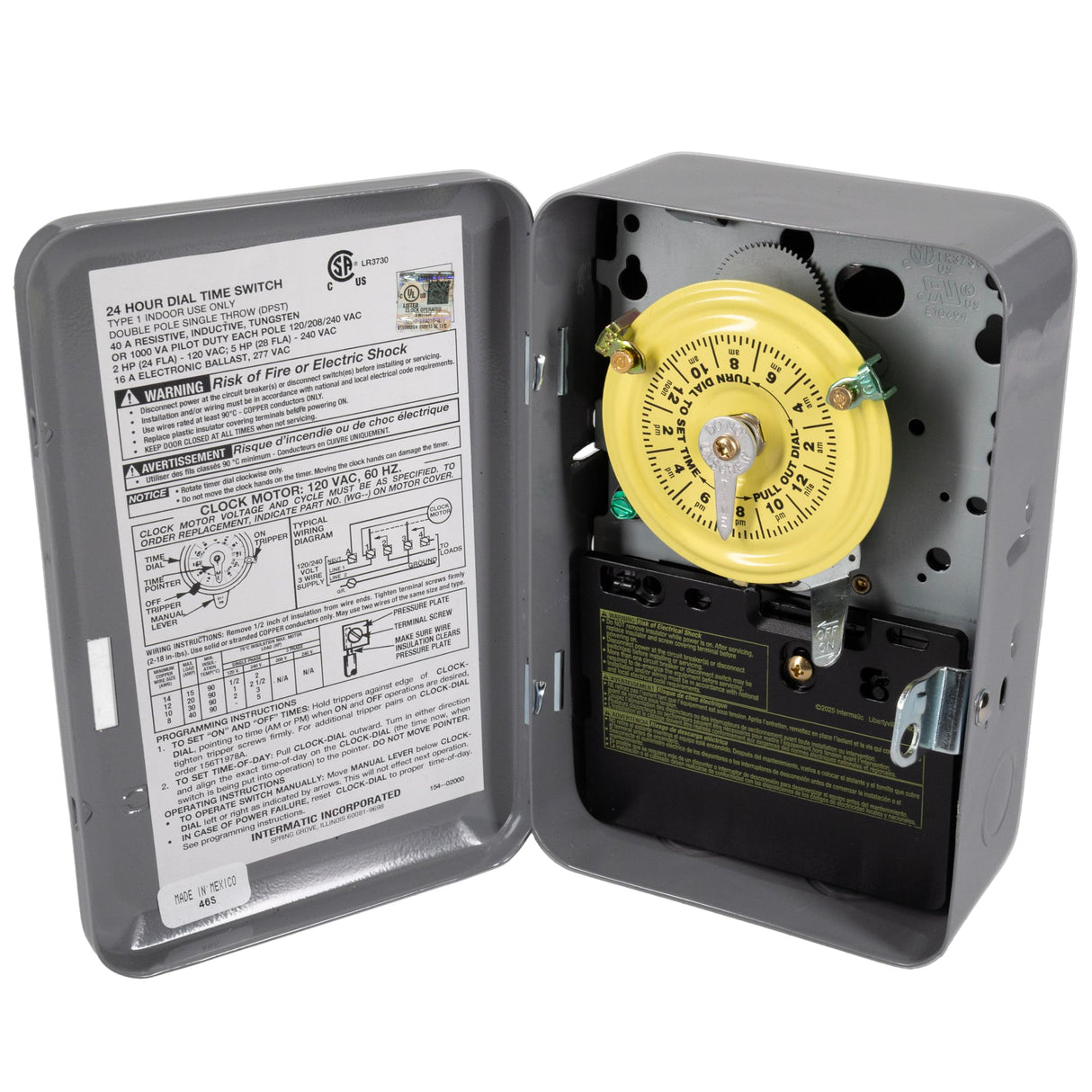 Intermatic T104 24-Hour Mechanical Timer Switch - 208–277 VAC, DPST, Indoor Metal Enclosure, Heavy-Duty, Manual Override, 40 Amp - Ideal for Lights, Pumps, Fans, and HVAC Systems