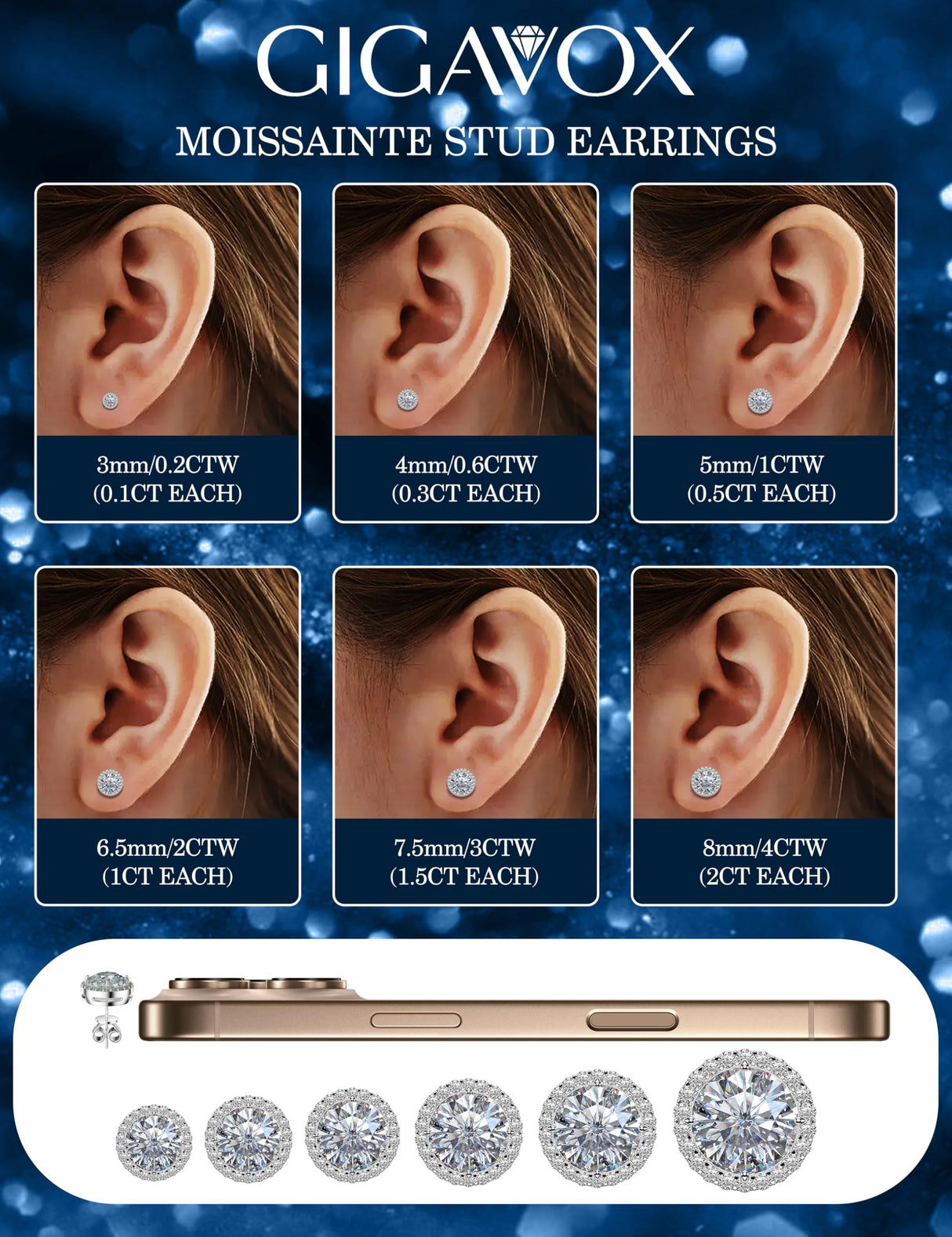 Sterling Silver Moissanite Earrings Studs for Women Men Hypoallergenic