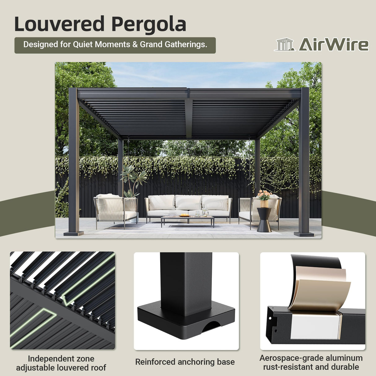 AirWire 10x12 FT Louvered Pergola Dark Gray