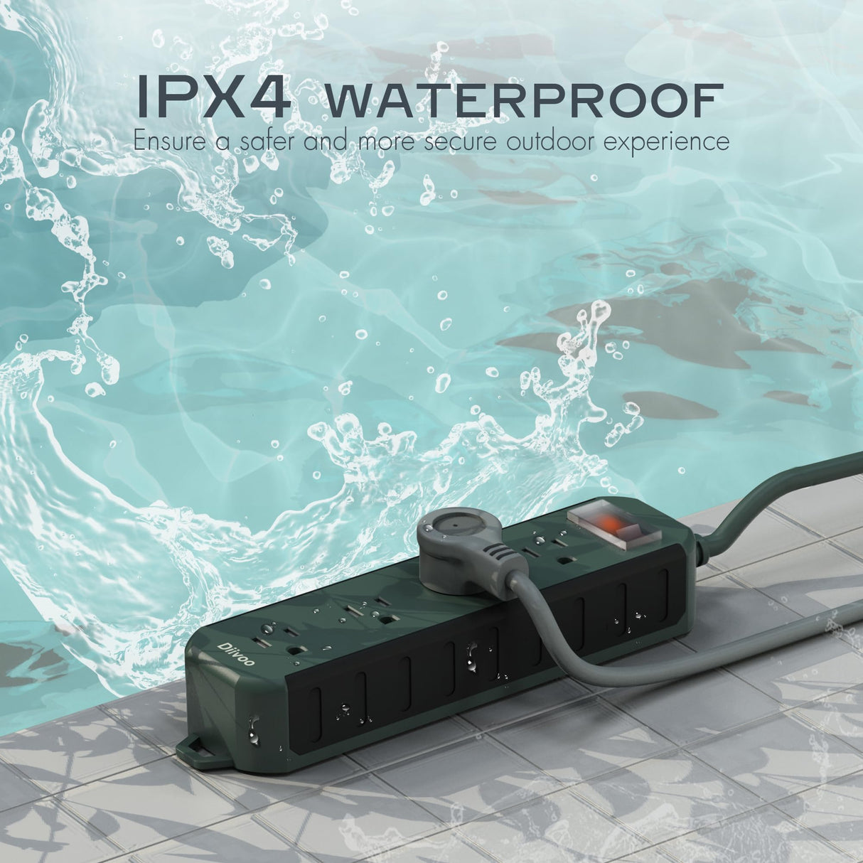 Outdoor Power Strip Weatherproof, 50 FT Extension Cord, Diivoo Waterproof Surge Protector with 4 Outlets, 1250W Shockproof Overload Protection, Flat Plug, Wall Mountable for Patio Christmas Lights