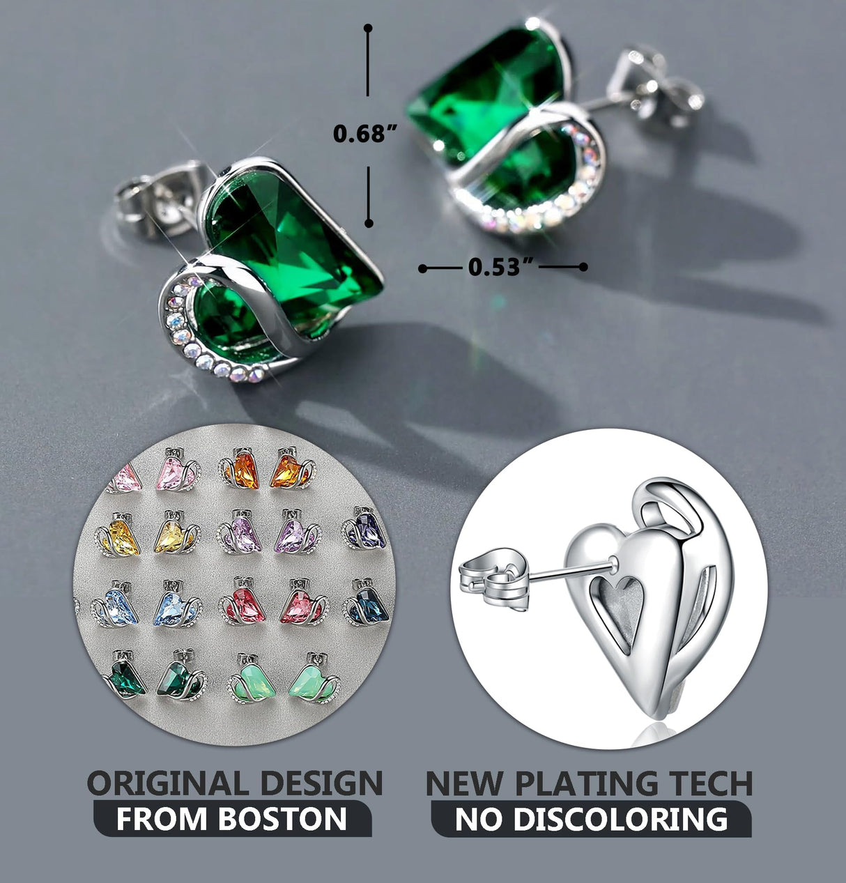 Leafael Infinity Love Heart Stud Earrings for Women, May Birthstone Crystal Emerald Green, Gifts for Mom, Wife, and Her, Silver Tone