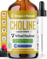Choline Liquid Drops Supplement – Vegan, Gluten-Free, GMO-Free, Easy Absorption Formula – With Essential Nutrients for Brain Health and Vitality – Complements Inositol Supplements (Mixed Berry, 60 mL)