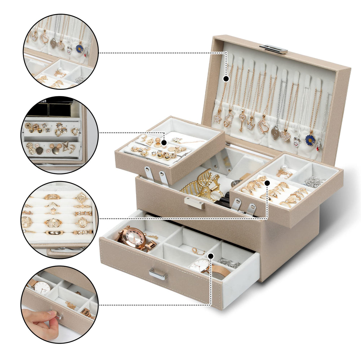 Dajasan Jewelry Box Organizer, Jewelry Boxes for Women Girls, 3 Layers Jewelry Gift Box for Christmas, Valentine's Day, Birthday, Mother's Day (Champagne)