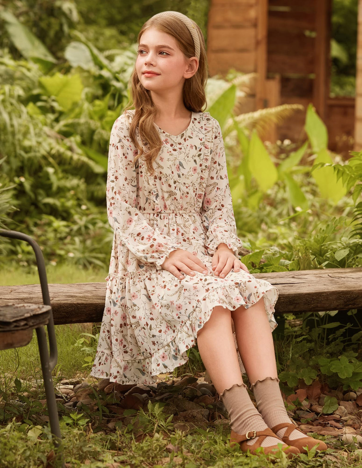 GRACE KARIN Girls Dresses Size 10-12 Kids Fall Winter Christmas Party Long Sleeve Holiday Hawaiian Floral Dress Apricot