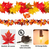Fall Decorations for Home 9Ft Plug in Fall Garland with Lights Lush and Thicker Large Leaves, 50 Orange Bulbs Prelit Connectable UL Certified Fall Lights for Autumn Thanksgiving Halloween Decorations