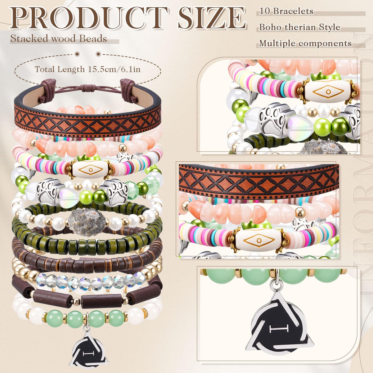 Nosiny 10pcs Therian Bracelets Fairy Grunge Stacking Leather Beaded Stretch Bracelet Therian Pride Symbol Accessory with Paw Designs for Cosplay Gift