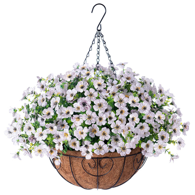 HyeFlora Artificial Fake Hanging White Plants Flowers Basket for Outdo ...