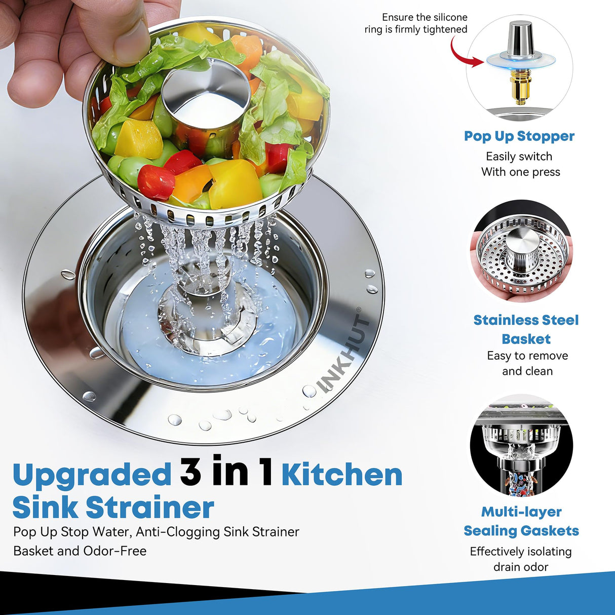 Upgraded 3 in 1 Kitchen Sink Drain Strainer - Stainless Steel Sink Stopper, Anti-Clogging Sink Food Catcher Basket, Fast Drainage Odor Filter Sink Plug for US Standard 3 1/2 inch Drain (Silver-2Pack)