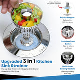 Upgraded 3 in 1 Kitchen Sink Drain Strainer - Stainless Steel Sink Stopper, Anti-Clogging Sink Food Catcher Basket, Fast Drainage Odor Filter Sink Plug for US Standard 3 1/2 inch Drain (Silver-2Pack)