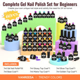 VANREESA 60 Pcs Gel Nail Polish Set, 55 Colors Gel Polish with Base Coat & 4 Effects Top Coat Full-Color Nail Polish Set All Seasons Nail Kit Gifts for Women Girls Nail Salon at Home