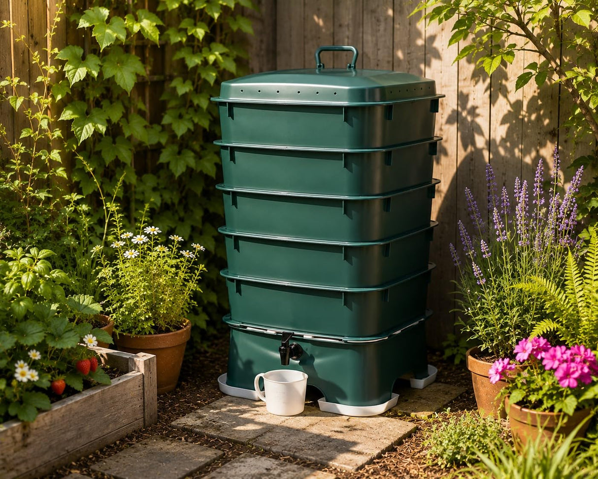 The Original VermiHut® Plus 5-Tray Worm Compost Bin – Indoor & Outdoor Vermicomposting System, Continuous Flow Food Waste Recycler for Organic Composting & Gardening - Dark Green