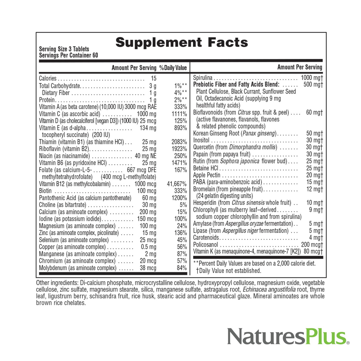 NaturesPlus Source of Life No Iron - 180 Tablets - Multi-Vitamin & Mineral Supplement - Supports Natural Energy & Overall Well-Being - Gluten Free, Vegetarian - 60 Servings