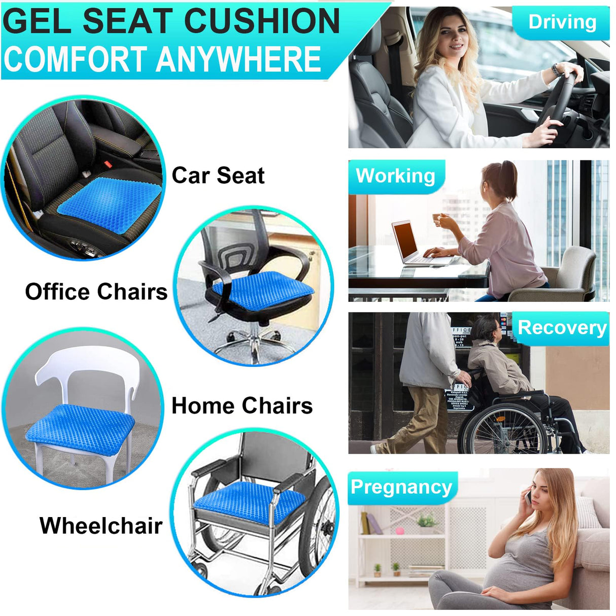Helishy Gel Seat Cushion for Long Sitting - 1.65inch Double Thick Cooling Egg Seat Cushion for Back, Hip, Sciatica, Coccyx, Tailbone Pain Relief - Office Chair Car Seat Cushion – Wheelchair Cushions