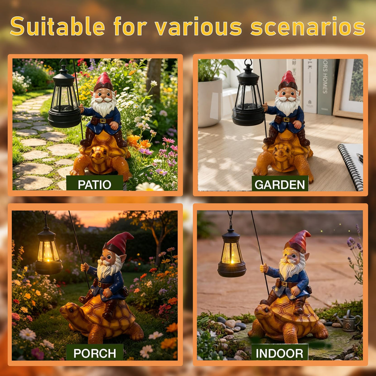 Wlcbomuoe Garden Gnome Decoration, Funny Resin Solar Gnome Statue for Lawn Patio Yard Outdoor Decor, Turtle Riding Gnome Figurine with Lantern, Gift for Women and Men (Gnome-F)