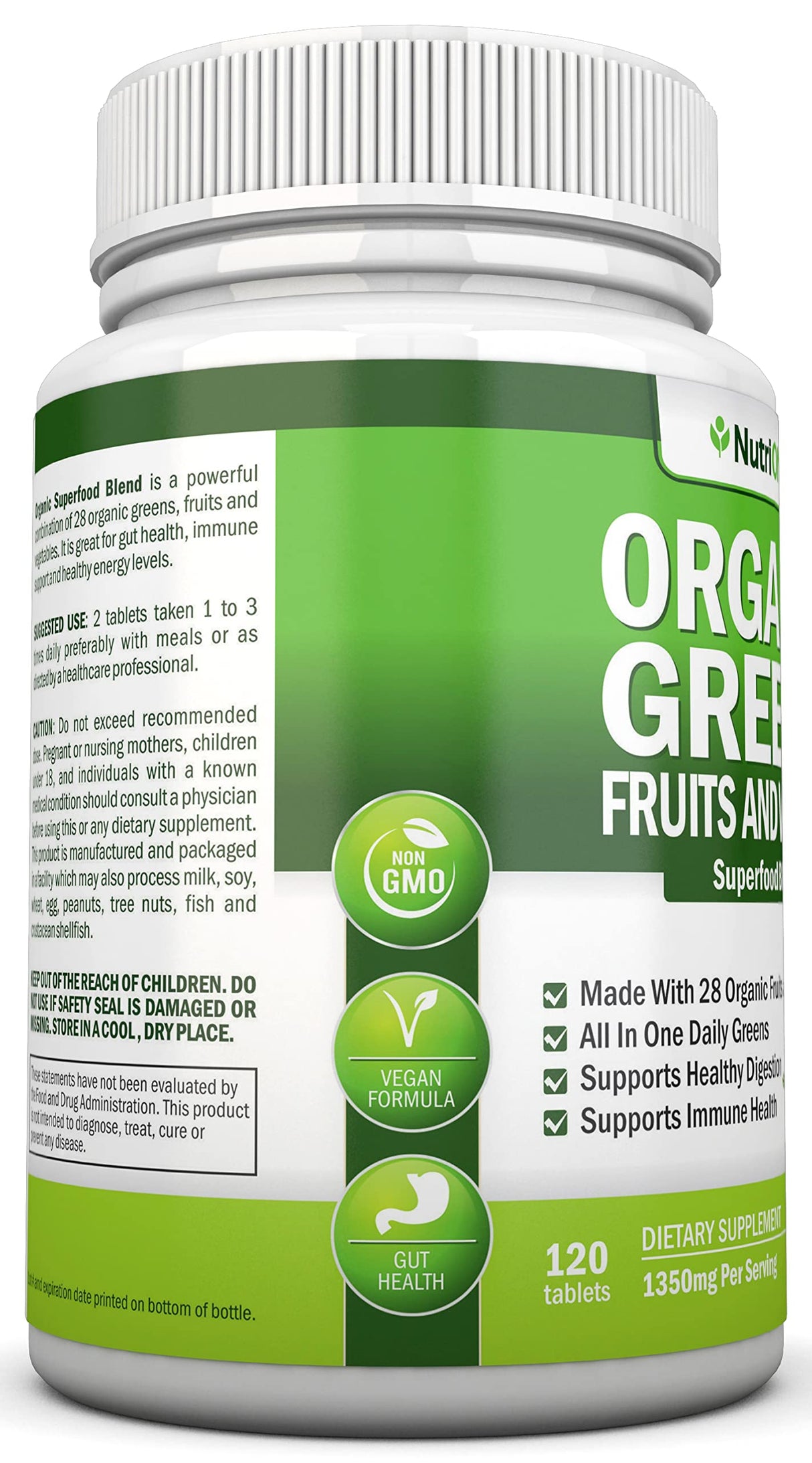 Organic Super Greens Capsules - Fruit And Vegetable Supplements - 120 Count - 28 USDA Organic & Vegan Premium Ingredients - Superfood Blend For Immune Health, Digestion & Energy - Whole Food Vitamins