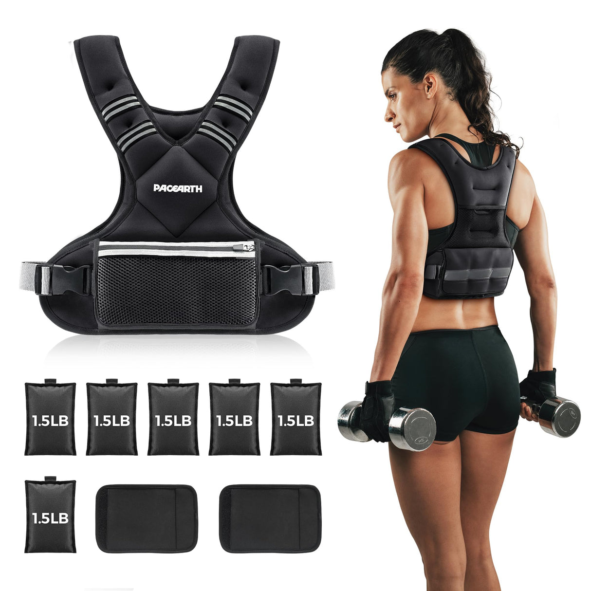 Adjustable Weighted Vest PACEARTH Ironsand Weight Vest with Six 1.5-lb Adjustable Weights, 11-20 lbs Total, Big Zipper Pouch, Home Workout Weight Vest for Men and Women in Cardio and Strength Training