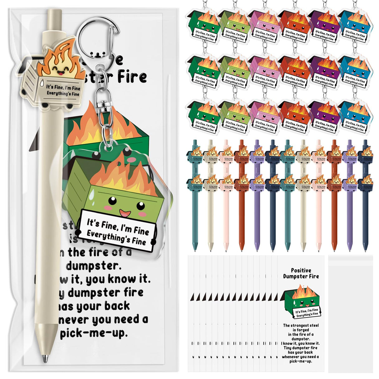 Sayglossy 36 Sets Dumpster Fire Gifts Christmas Funny Ballpoint Pens Acrylic Keychains and Bookmarks Employee Emotional Support Appreciation Gifts Bulk for Office Coworkers Staff Team