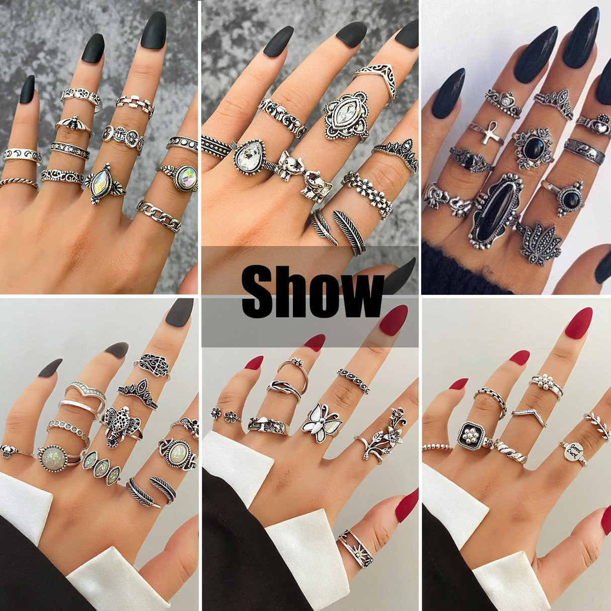 17IF 60 PCS Vintage Silver Goth Ring Set for Women, Punk Boho Chunky Knuckle Stackable Finger Ring Pack Aesthetic Grunge Adjustable Retro Stone Opal Crystal Cat Snake Flower Gothic Rings