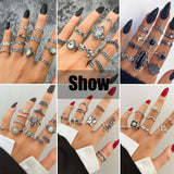 17IF 60 PCS Vintage Silver Goth Ring Set for Women, Punk Boho Chunky Knuckle Stackable Finger Ring Pack Aesthetic Grunge Adjustable Retro Stone Opal Crystal Cat Snake Flower Gothic Rings