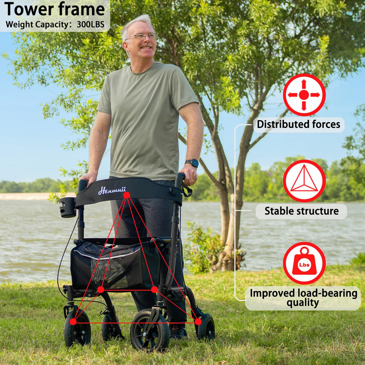 Henmnii Rollator Walker for Seniors, Lightweight Foldable All Terrain Rolling Walker with seat, Aluminum Walkers with 10 inch Rubber Wheels, Handles and Backrest for Seniors and Adult