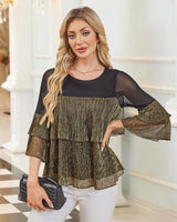 Bebonnie Flowy Sparkly Tops for Women Party: Ladies Casual Long Sleeve Dress Shirts Chiffon Blouses Plus Size Dressy Tops for Wedding Elegant Christmas Night Out Fancy Evening Wear Black Gold XXL