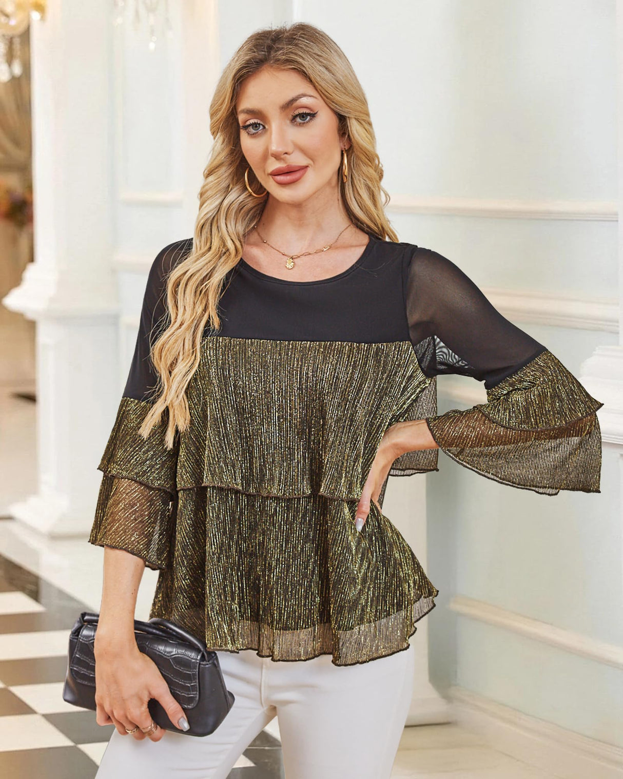 Bebonnie Flowy Sparkly Tops for Women Party: Ladies Casual Long Sleeve Dress Shirts Chiffon Blouses Plus Size Dressy Tops for Wedding Elegant Christmas Night Out Fancy Evening Wear Black Gold XXL