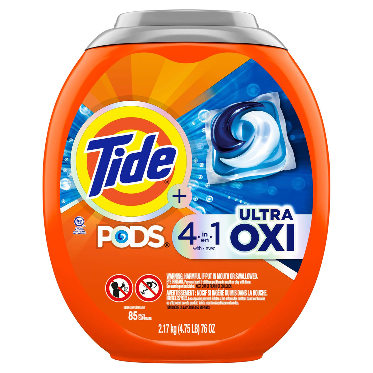 Tide PODS Laundry Detergent Soap with Ultra Oxi 4-in-1 Detergent, 85 Count, Built-in Pre-Treaters, Set-in Stains, Color Protectors, HE Compatible