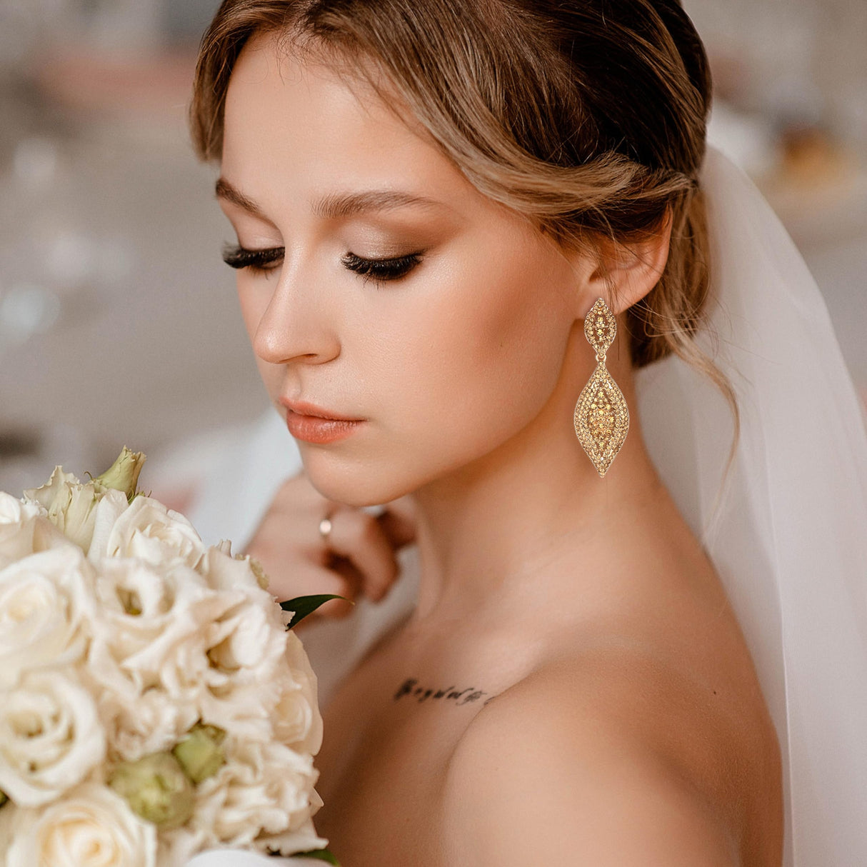 Sanfenly Gold Clip On Earrings Women Dangle, Large Long Dangling Non Pierced Earrings Elegant Formal Big Bling Rhinestone Crystal Simulated Diamond Clip Earrings for Women Non Pierced Ears