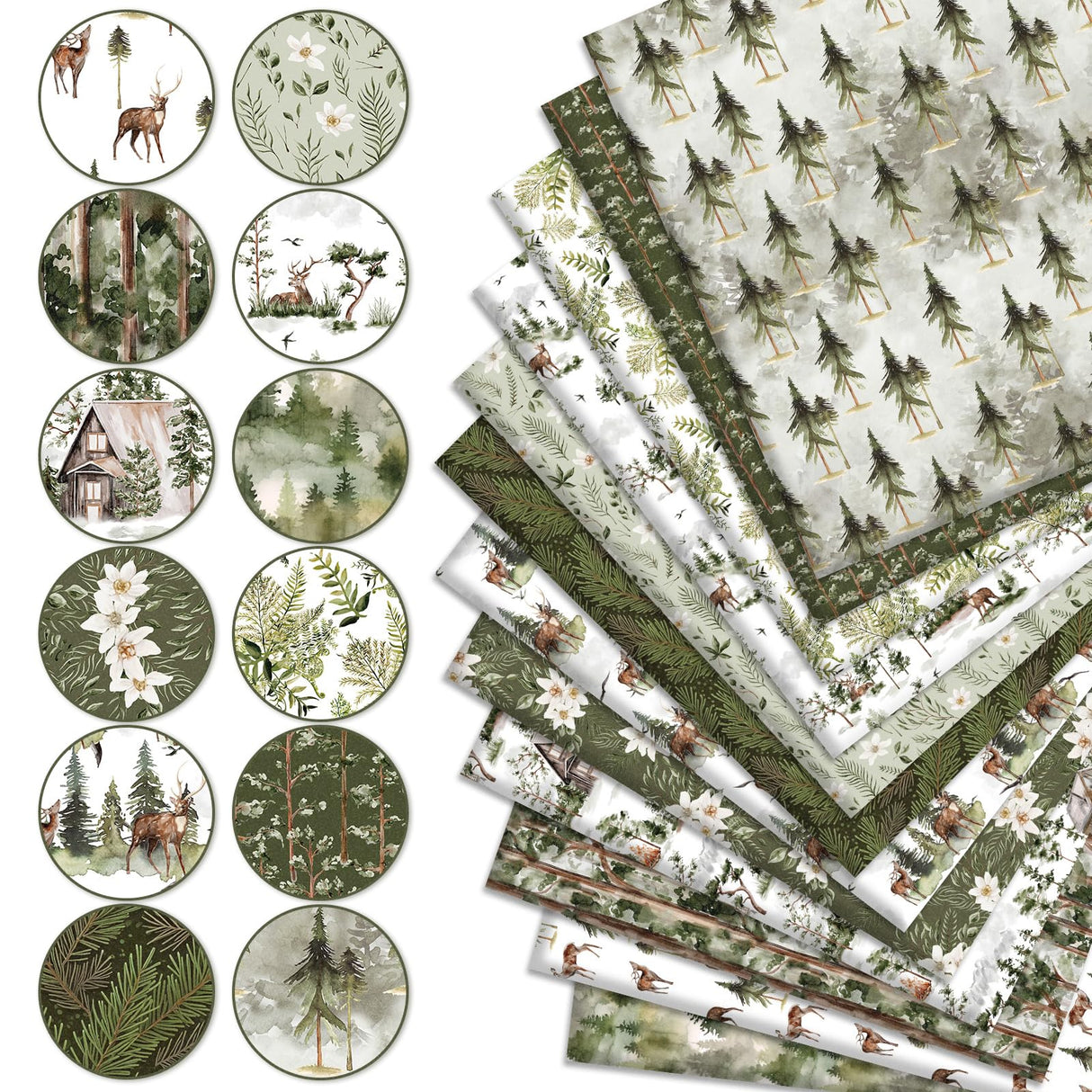 Whaline 12Pcs Christmas Watercolor Forest Cotton Fabric Bundles 18 x 22 Inch Green Christmas Tree Flower Deer Fat Quarter Xmas Quilting Patchwork for DIY Handmade Sewing Crafting