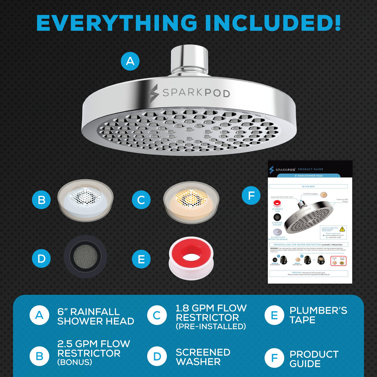 SparkPod Shower Head - High Pressure Rain - Premium Quality Luxury Design - Easy Clean Adjustable Replacement for Your Bathroom Shower Heads (Polished Chrome Finish, 6 Inch Round)