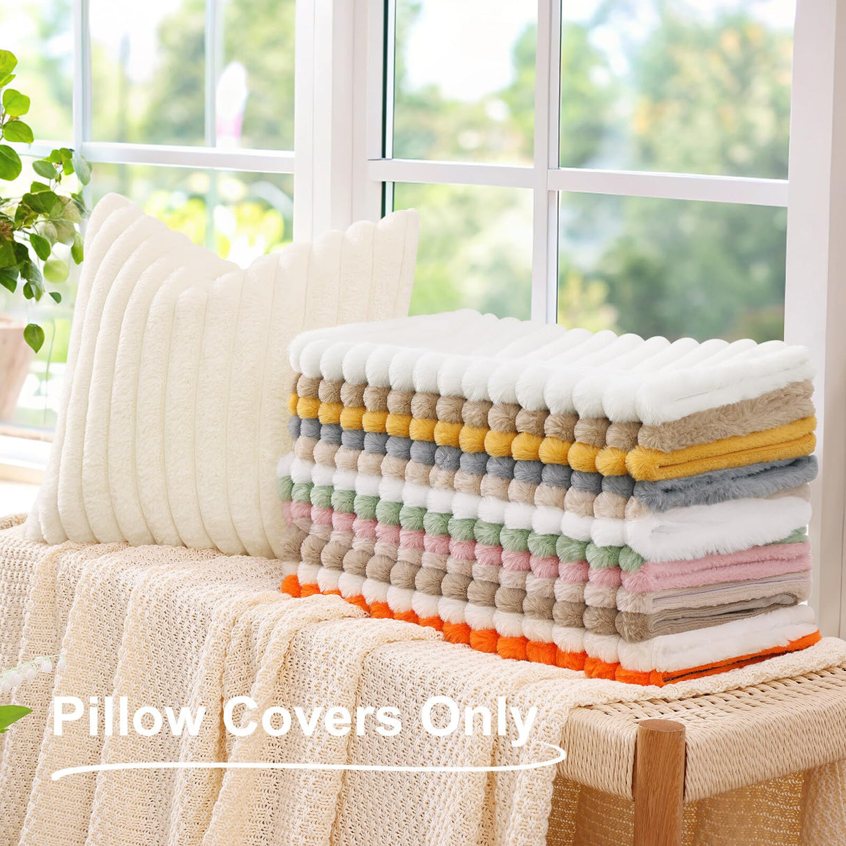decorUhome Faux Fur Christmas Throw Pillow Covers 22x22 Set of 2, Decorative Soft Plush Striped Neutral Couch Euro Pillow Covers with Velvet Back for Sofa, Bed, Living Room Home Decor, Cream White