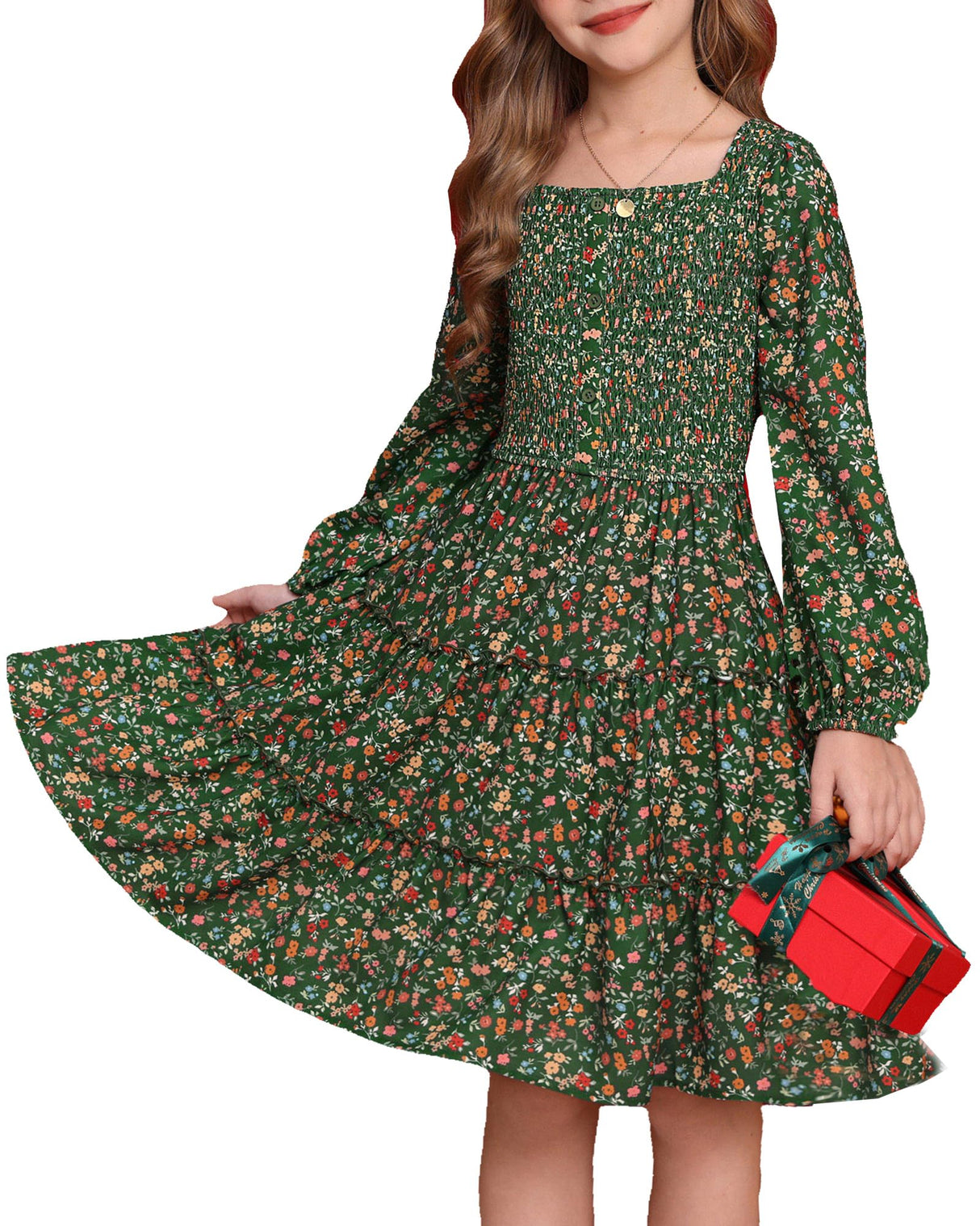Girls Green Dress Fall Long Sleeve Floral Square Neck Button Smock Front Ruffle Tiered Christmas Dresses Fashion Outfit