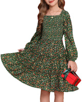 Girls Green Dress Fall Long Sleeve Floral Square Neck Button Smock Front Ruffle Tiered Christmas Dresses Fashion Outfit