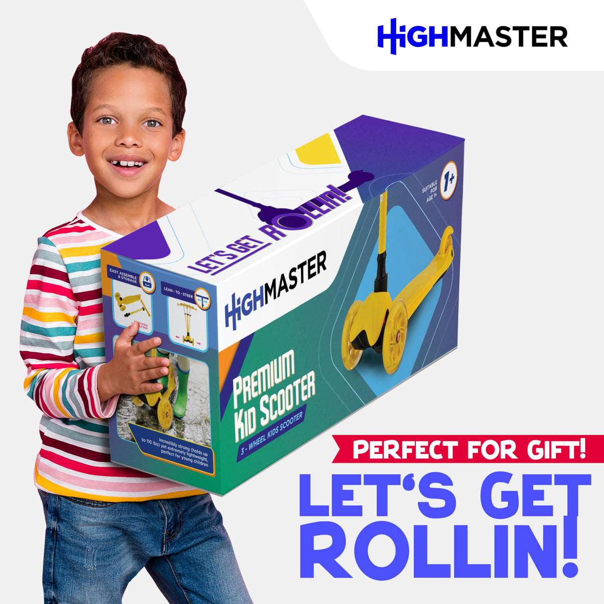 Highmaster 3-Wheel Toddler Scooter for 2 to 8 Year Old boy - 3 Wheeled Kids Scooter with Light Up Wheels, Safe and Fun Ride for Kids - Yellow