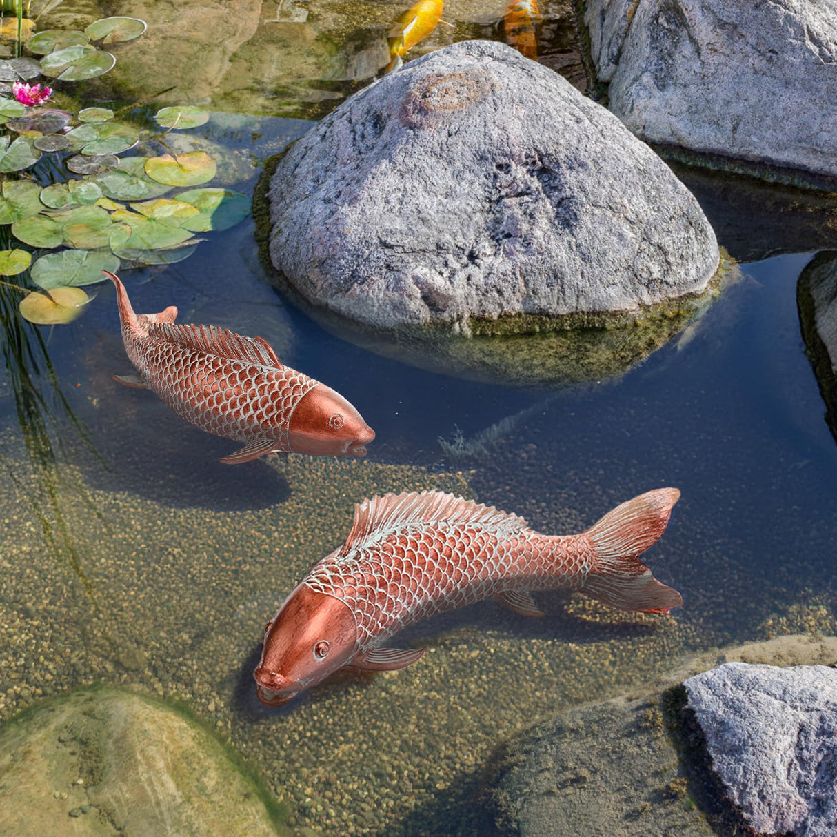 Wosuine Garden Statues Koi Fish Decor Outdoor Garden Fish Statues, Set of 2 Antique Copper Koi Art Sculptures for Patio, Backyard, Pond and Home Decor, Best Gardening Gifts for Women Mom