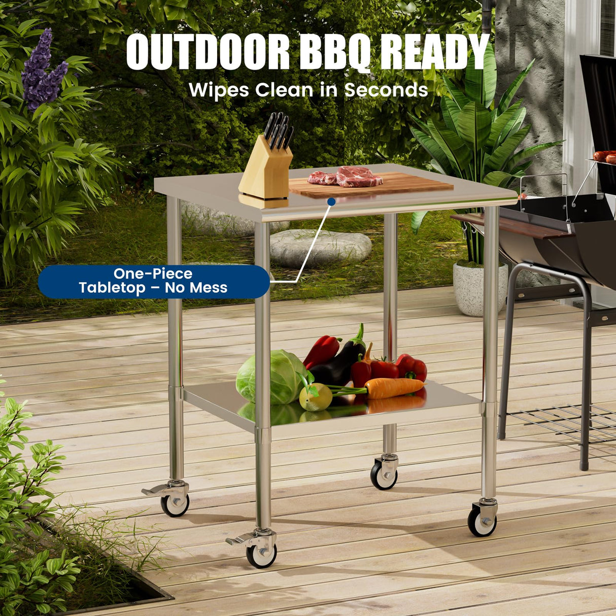 Chingoo Stainless Steel Work Table with Wheels, 30x30 Inch NSF Kitchen Prep Table with Adjustable Undershelf for Commercial Restaurant, Garage, Outdoor BBQ
