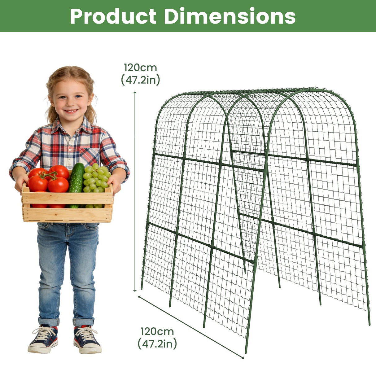 Cucumber Trellis, Metal Garden Arch Trellis for Raised Bed, 48 x 48inch U-Shape Garden Trellis for Climbing Plants Outdoor, Vegetables Fruit Plant Support with Netting, Gardening Supplies (Green)