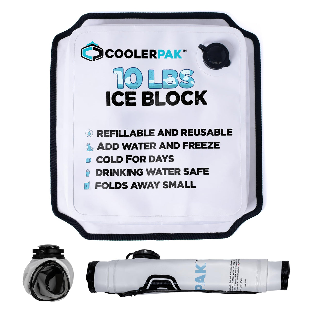 CoolerPak 10lb Refillable Reusable Ice Pack – Hook & Loop Fastener - Cold for Days – Non-Toxic, Leakproof, Suitable for Potable Drinking Water & Cold Plunge – Built Tough, Roll Up for Easy Storage