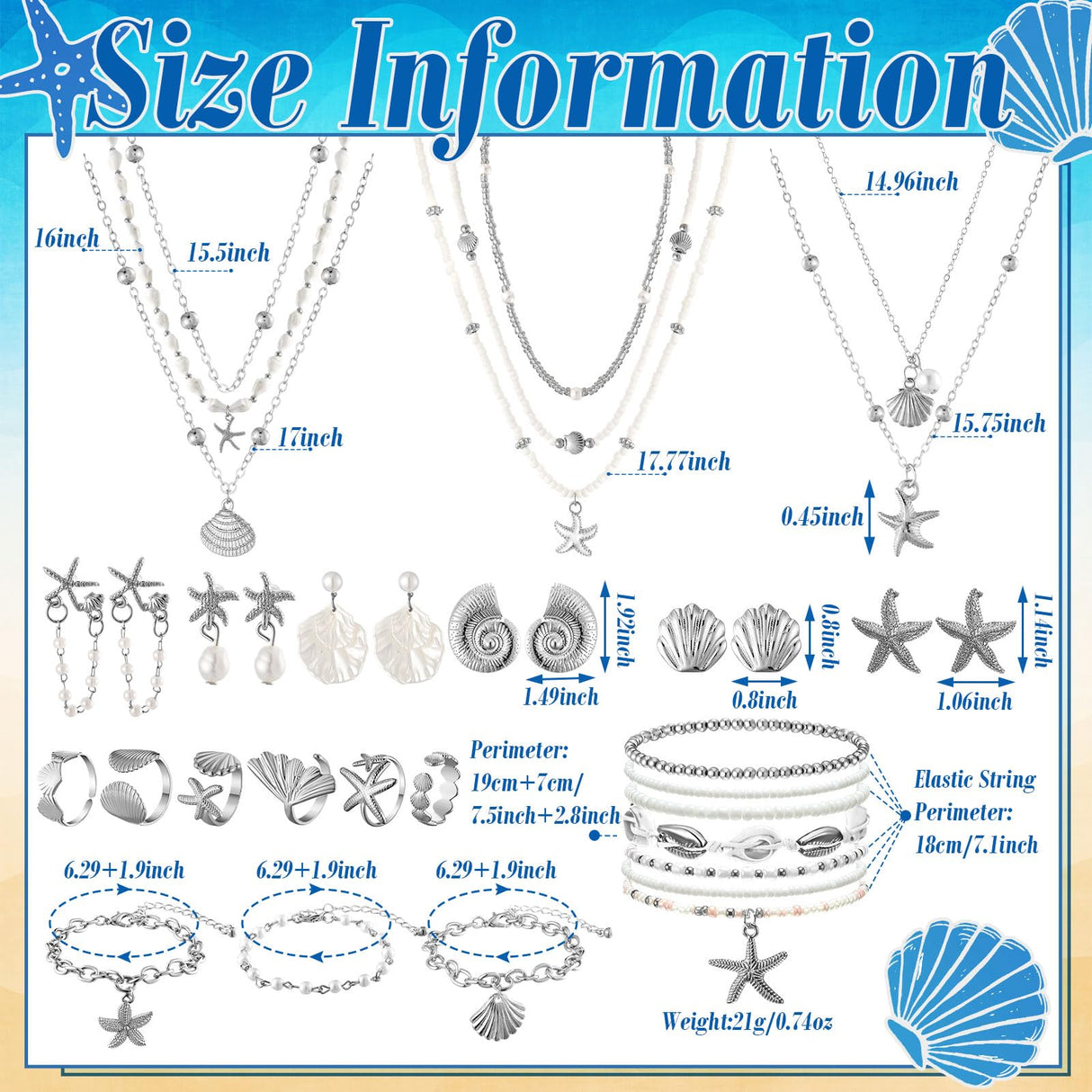 23 Pcs Seashell Starfish Jewelry Set Summer Mermaid Accessories, Silver