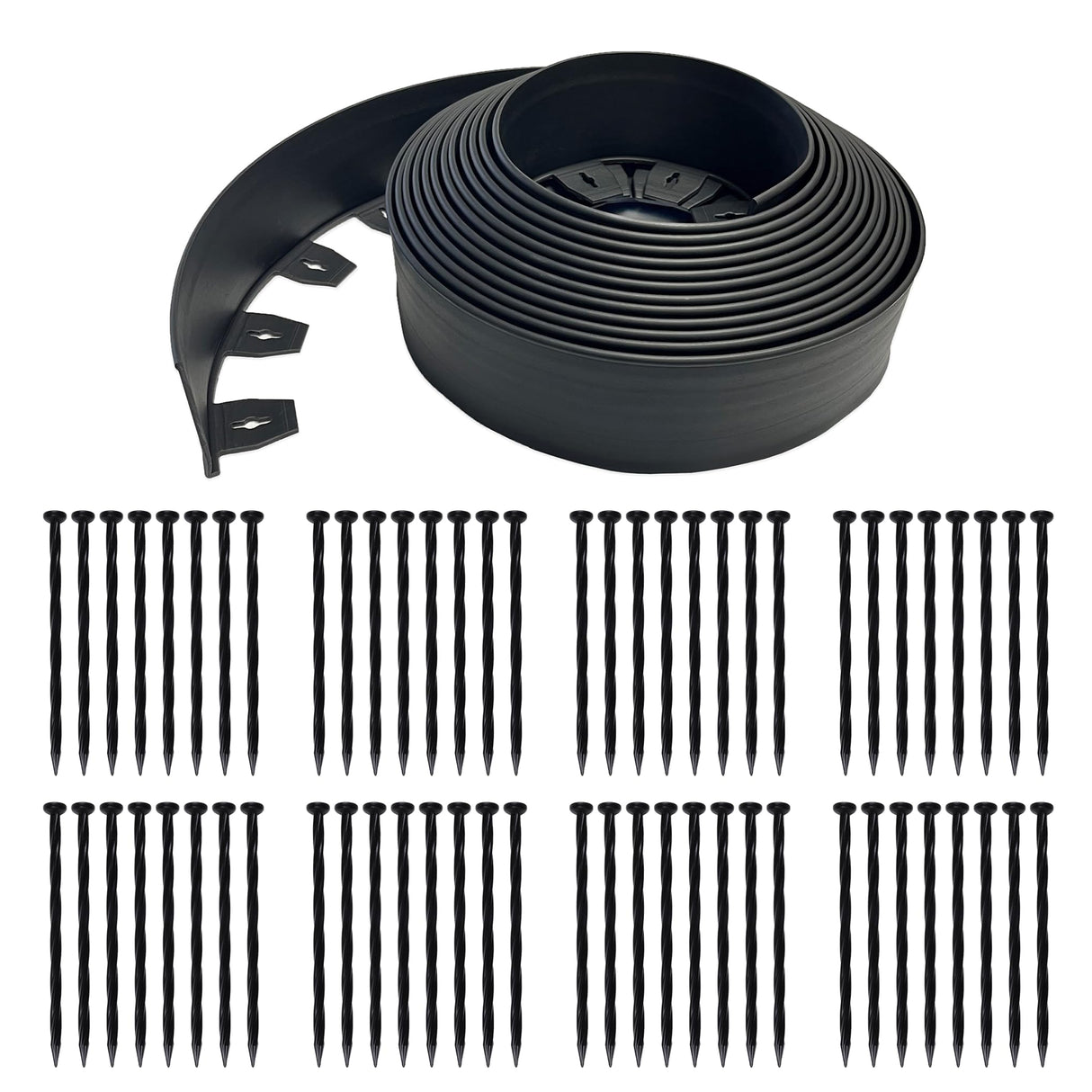 EasyFlex 4 Inch No Dig Landscape Edging Kit, 75 Foot Black Plastic Edging Coil with 64 Spiral Anchoring Spikes for Gardening Edging, Separating Yard Areas, and Flower Bed Borders