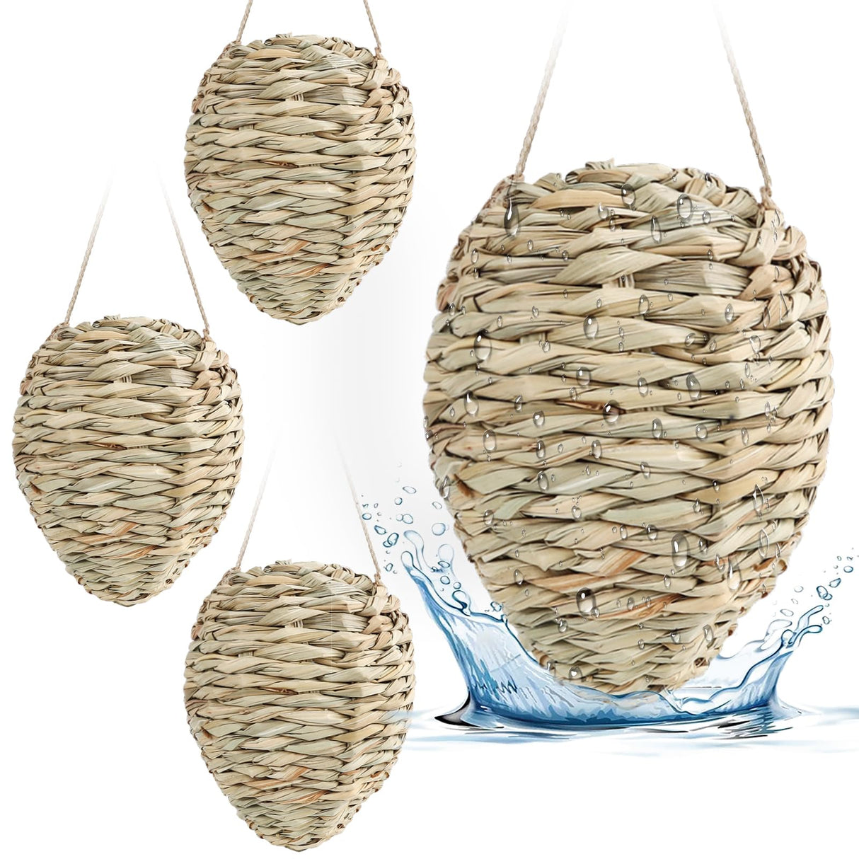 4 Pack Fake Wasp Nest Decoy, Woven Reed Wasp Hornet Decoys, Waterproof Faux Hornets Nest, Outdoor Hanging Decoration for Patio, Garden, Eaves