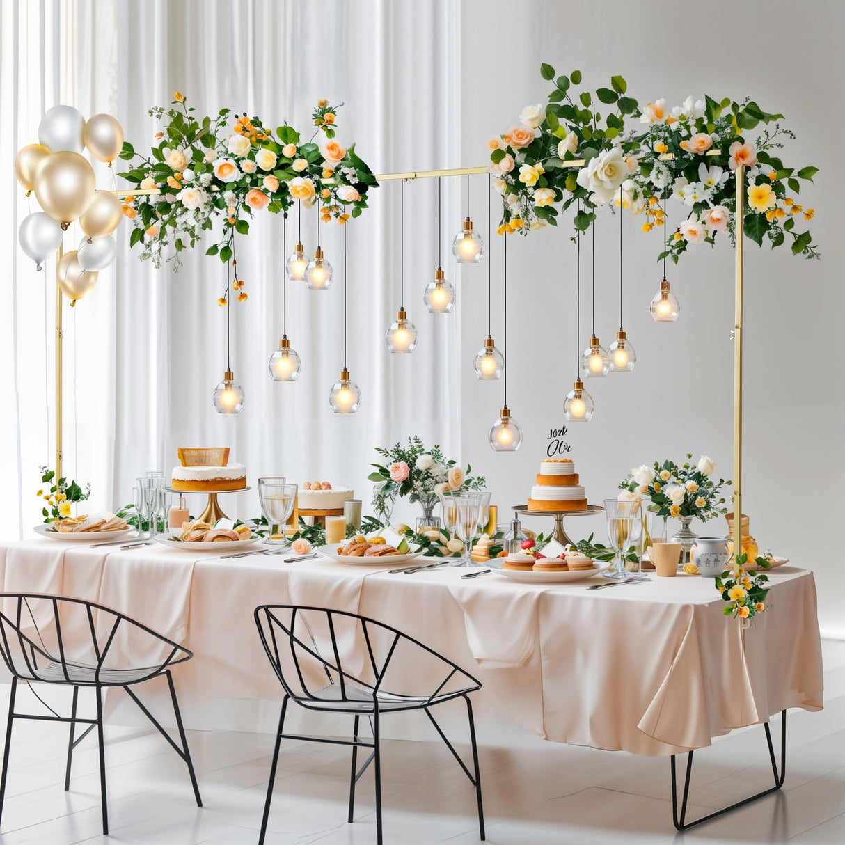 Almirantra Over The Table Rod Stand with Clamps, Adjustable 29"-44" Tall 46"-98" Length, Table Arch Stand for Wedding Birthday Party Anniversary Halloween Christmas Decoration Supplies(Gold)