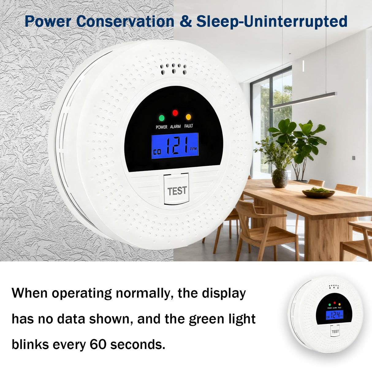 2-in-1 Combination Smoke and Carbon Monoxide Detector, Battery Powered Detector with Test Button, Digital Display, 85dB Warning Sound, Easy Installation