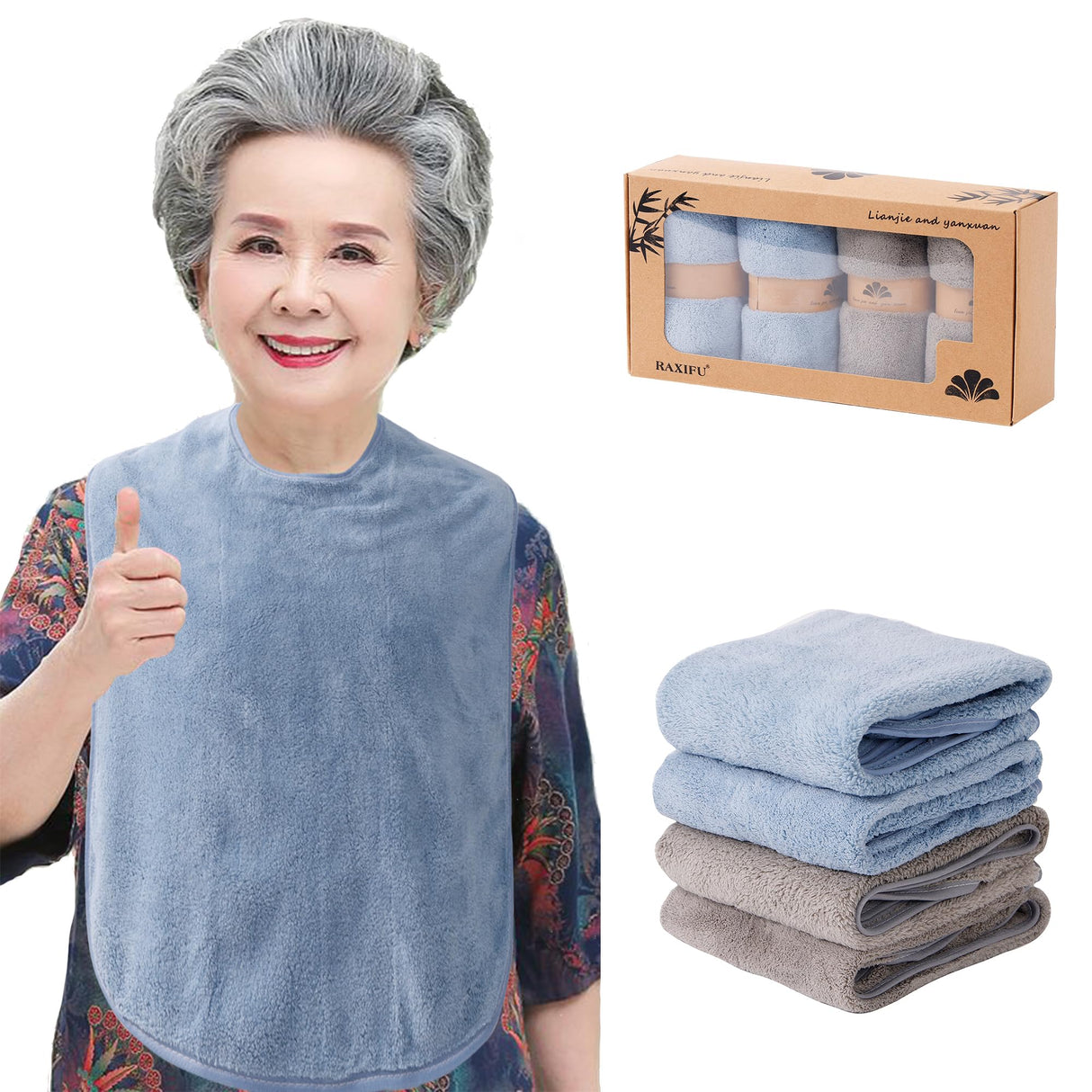 RAXIFU 4 Pack Adult Bibs for Men and Women, Adult Bibs for Elderly,Towel bibs for Special Needs Adults