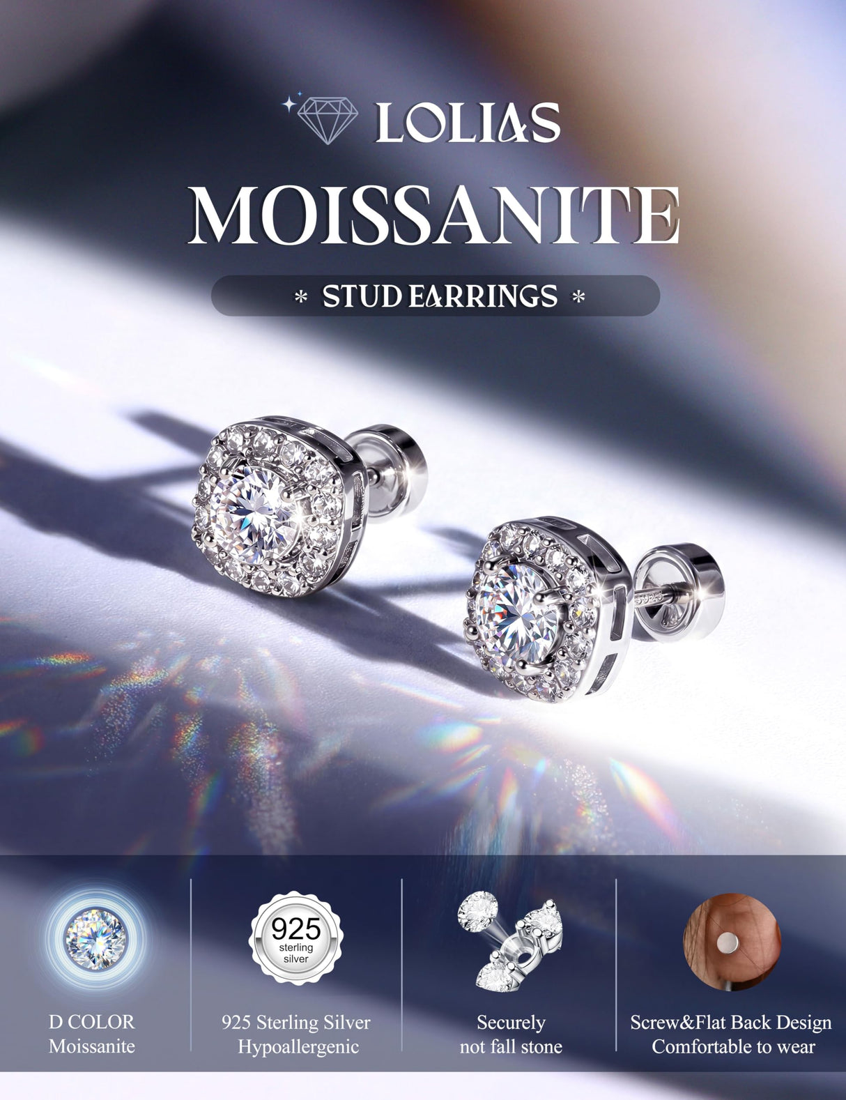 LOLIAS Moissanite Halo Flat Back Earrings for Women Men Hypoallergenic
