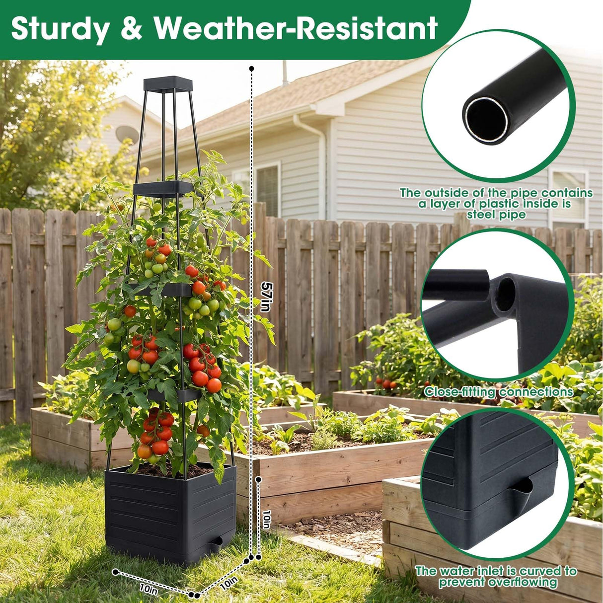 MQFORU 2Pack Raised Garden Bed Planter Boxes with Trellis, 57" Self-Watering Tomato Planter Boxes with Trellis for Climbing Vegetable and Plants, Tomato Cage for Indoor Outdoor Use